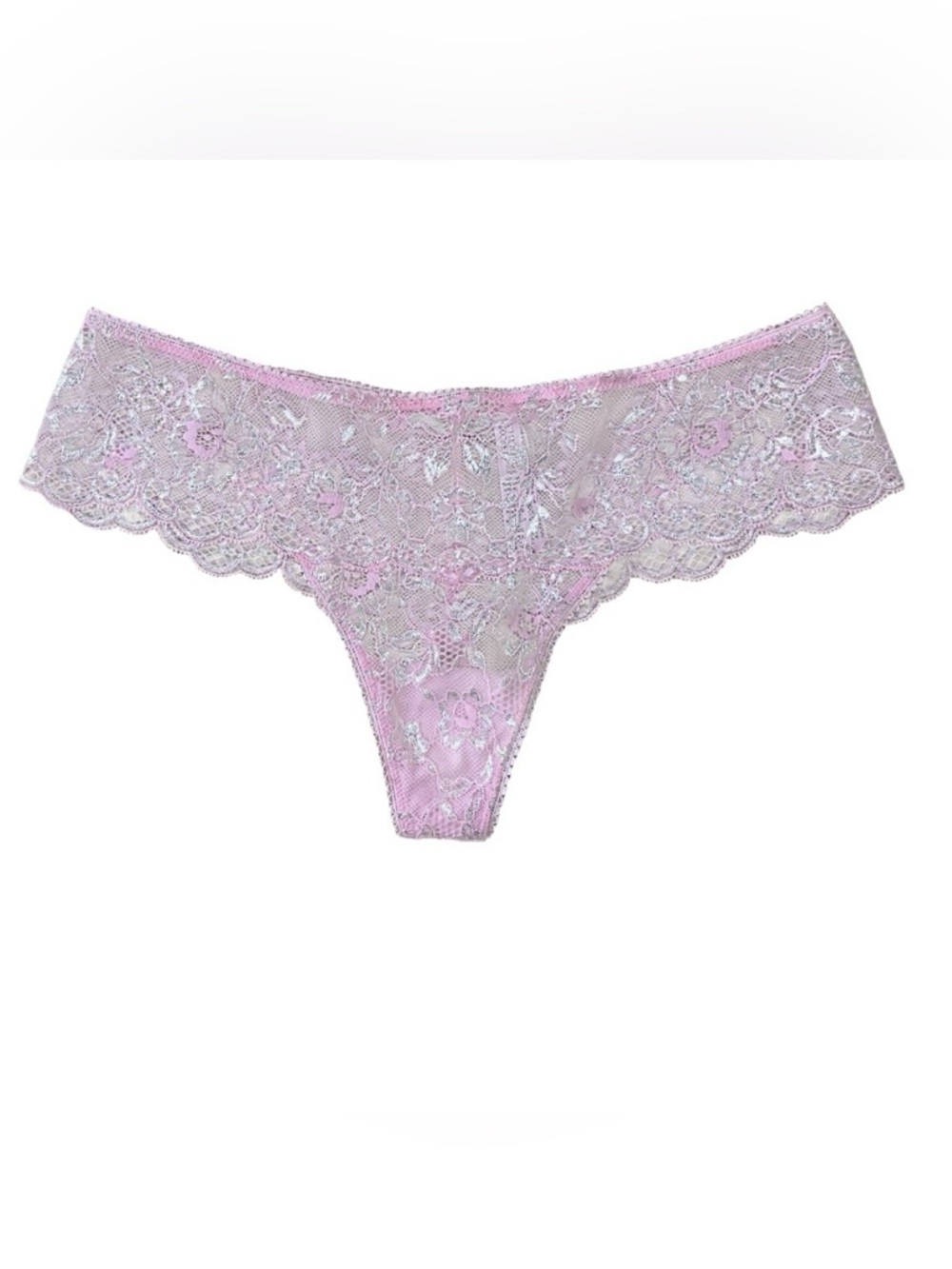 NWT Victoria’s Secret Dream Angels Wide Side Thong Pink and Silver Lace Coquette
